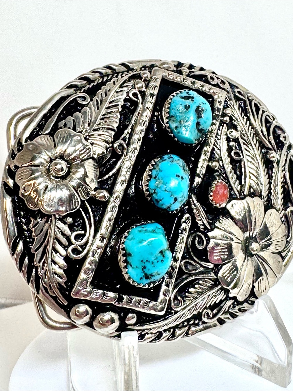 Vintage Handcrafted USA Turquoise Stone Floral Western Belt Buckle